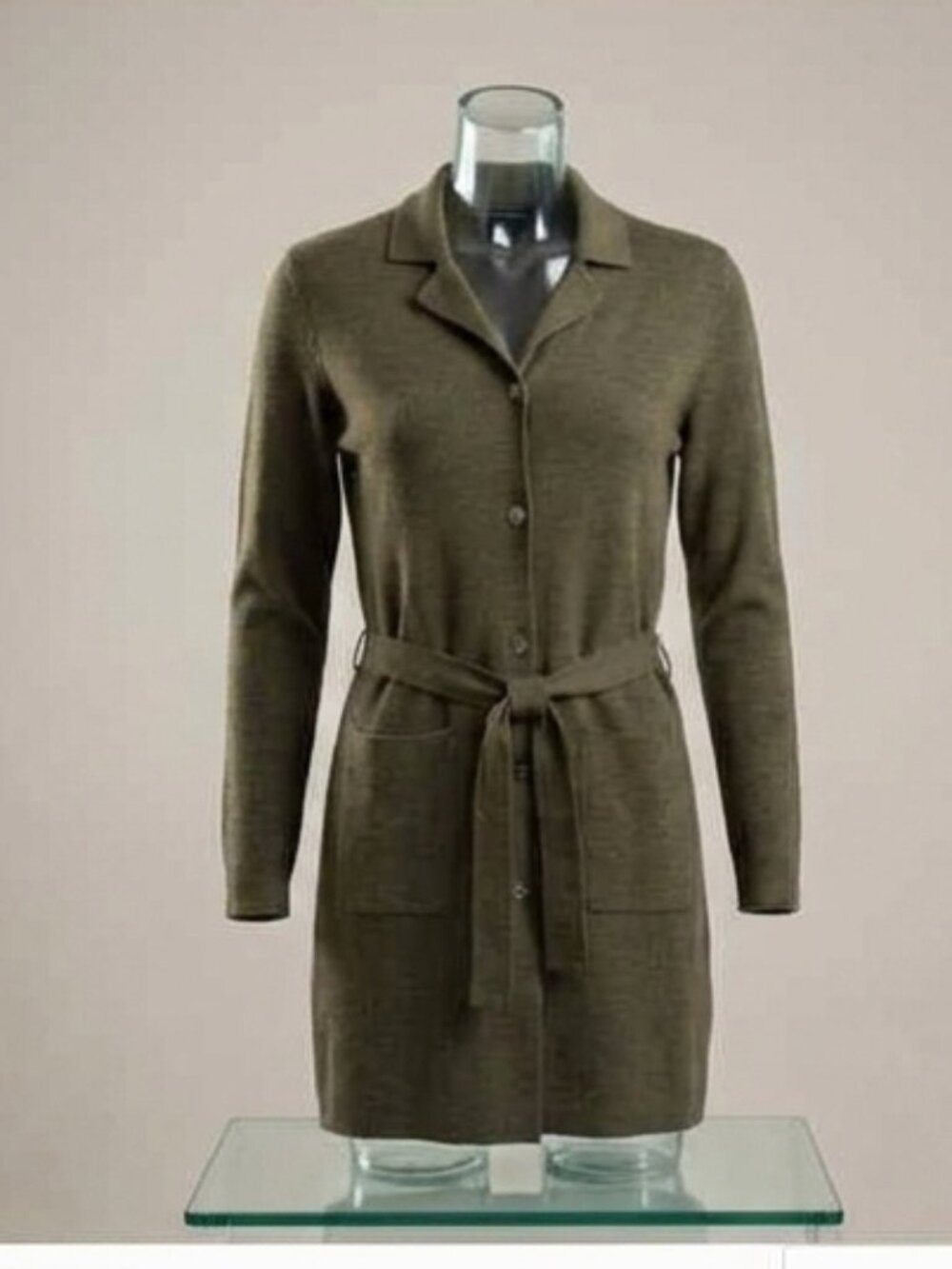 SARAH SPENCER Merino Wool Long Buttoned Cardigan Duster Sweater Moss Green SP